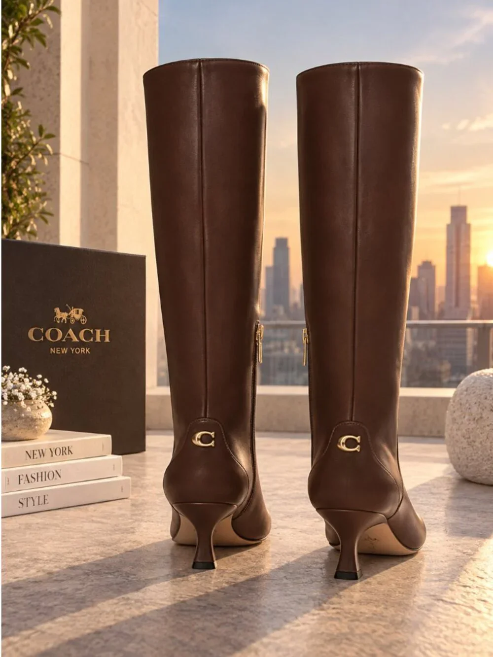 COACH Sculpted C Maple Leather Kitten Heel Knee High Boots Size 8 NWT